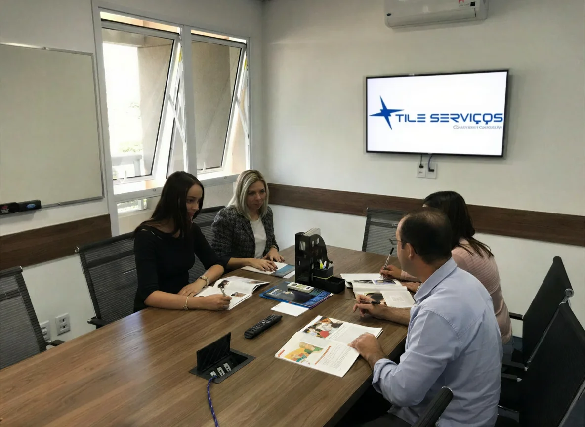 Reunião da equipe da Tile Serviços com cliente no escritório da Barra Funda